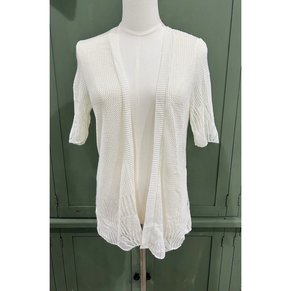 Womens Cream Open Knit Crochet Cardigan Size M Y2K Boho Beach Coastal Preppy